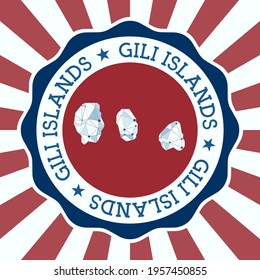 Gili Islands Badge. Round logo of island with triangular mesh map and radial rays. EPS10 Vector.
