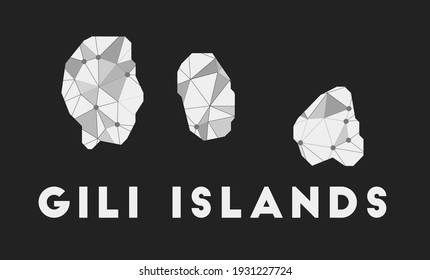 Gili Islands - communication network map of the island. Trendy geometric design on a dark background. Technology, internet, network, telecommunication concept. Vector illustration.