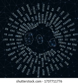 Gili Islands digital map. Binary rays radiating around glowing island. Internet connections and data exchange design. Vector illustration.