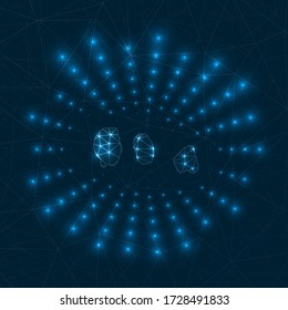 Mapa digital de las islas Gili. Rayos brillantes irradiando desde la isla. Conexiones de red y diseño de telecomunicaciones. Ilustración vectorial.