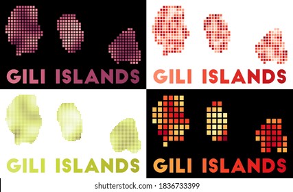 Gili Islands map. Collection of maps of Gili Islands in dotted style. Borders of the islands filled with rectangles for your design. Vector illustration.