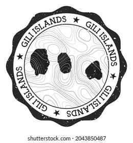 Gili Islands outdoor stamp. Round sticker with a map of the island featuring topographic isolines. Vector illustration. Can be used as an insignia, logotype, label, sticker, or badge of the Gili Islands.