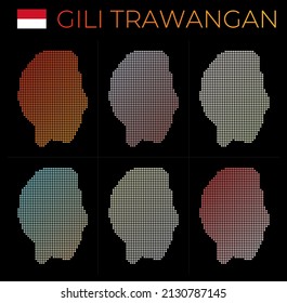 Gili Trawangan dotted map set. Map of Gili Trawangan in dotted style. Borders of the island filled with beautiful smooth gradient circles. Vibrant vector illustration.