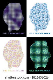 Gili Trawangan map. Collection of map of Gili Trawangan in dotted style. Borders of the island filled with rectangles for your design. Vector illustration.