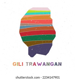 Gili Trawangan map design. Shape of the island with beautiful geometric waves and grunge texture. Vibrant vector illustration.