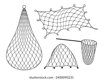 Repisa de redes de enmalle y pesca, redes de fondo de la industria pesquera y pesquera, iconos vectores. Repisa de redes de pesca o de pesca para el anglomerado o la caza, redes de enganche de pescadores o cazadores de jaulas de gill y peces