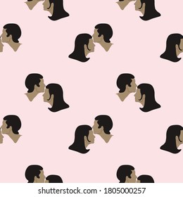 Gilr and boy are kissing ilustration with pink background seamless pattern.eps10.prints wrapping paper. World kiss day, Valentine's day.Sweet kiss.