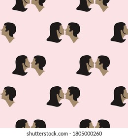 Gilr and boy are kissing ilustration with pink background seamless pattern.eps10.prints wrapping paper. World kiss day, Valentine's day.Sweet kiss.