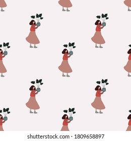 A gilr with flower pot seamless pattern.
for fashion ,fabric, and all prints on brown background colors. Vector.