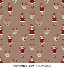 gilr santa and head of derr ilustration seamless pattern.Can be used for t-shirt print, kids wear fashion design, baby shower invitation card.Christmas, new year seamless pattern