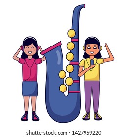 gilrs with headphones and saxophone listening music vector illustration