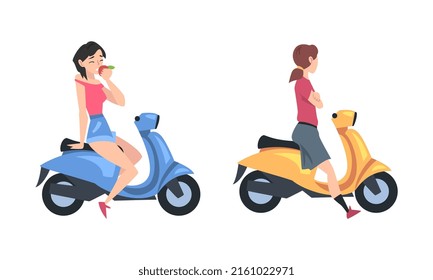 Gils in helmets riding motorbikes set cartoon vector illustration on white background