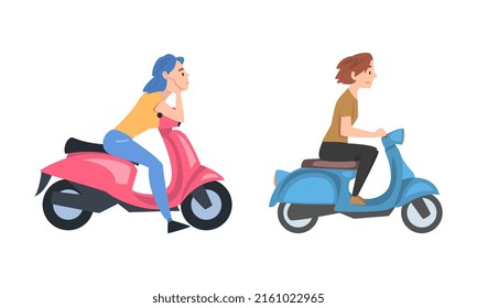 Gils riding motorbikes, side view set cartoon vector illustration