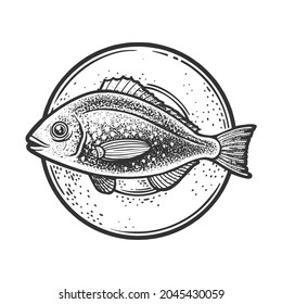 Gilt head bream dorada fish on plate sketch engraving vector illustration. Sea food restaurant. T-shirt apparel print design. Scratch board imitation. Black and white hand drawn image.