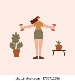Gilt working out at home using dumbbells, naural brown and green colors