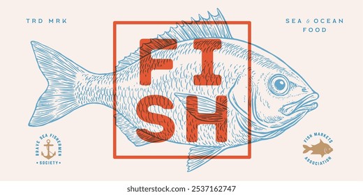 Gilt-head bream, fish, Dorado, seafood, sketch. Vintage retro print, seafood fish sketch, logo sign template, ink pencil style drawing, engrave old school. Hand drawn sketch fish. Vector Illustration