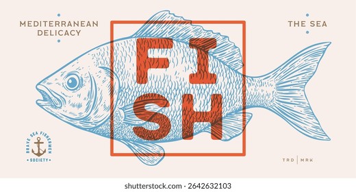 Gilt-head bream, fish, Dorado, seafood, sketch. Vintage retro print, seafood fish sketch, logo sign template, ink pencil style drawing, engrave old school. Hand drawn sketch fish. Vector Illustration