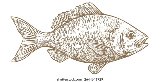 Dourada, peixe, Dorado, frutos do mar, esboço. Vintage impressão retro, peixe de frutos do mar esboço, vida do mar, lápis de tinta estilo desenho gravura velho esboço da escola, desenhado à mão. Esboço de arte peixe. Ilustração