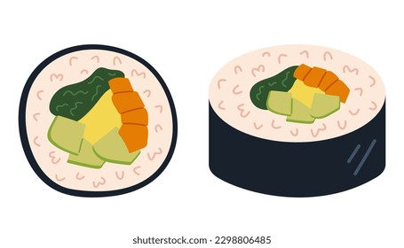 Gimbap or kimbap. Korean roll made from rice, vegetables and meat wrapped in seaweed. Traditional asian food. Top and side view. Flat vector illustration isolated on white background.