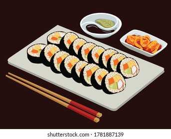 gimbap with kimchi and soy sauce 