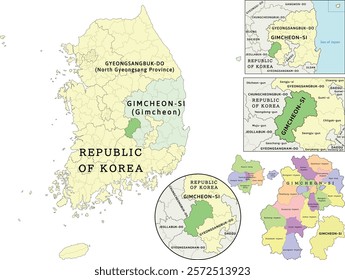 Gimcheon-si (Gimcheon) location on Gyeongsangbuk-do (North Gyeongsang Province) and Republic of Korea (South Korea) map. Colored. Vectored