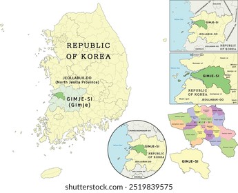 Gimje-si (Gimje) location on Jeollabuk-do (North Jeolla Province) and Republic of Korea (South Korea) map. Colored. Vectored