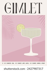 Gimlet Classic Cocktail garnish with lime slice. Classic alcoholic beverage recipe wall art print. Summer aperitif poster in muted color. Minimalist alcoholic drink placard. Vector flat illustration.