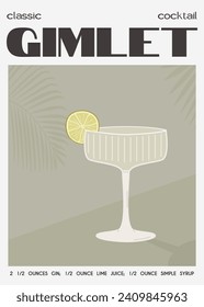 Gimlet Classic Cocktail garnished with lime slice. Classic alcoholic beverage recipe wall art print. Summer aperitif poster in muted color. Minimalist alcoholic drink placard. Vector flat illustration