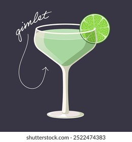 Gimlet cocktail isolated on black background. Vector illustration of trendy alcohol drink in high glass
