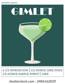 Gimlet cocktail on the green background. Vector illustration of modern alcoholic drink. Cocktail recipe poster