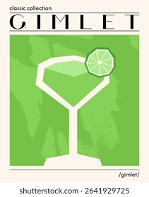 Gimlet cocktail. Vector illustration of classic alcoholic drink with gin. Abstract poster with glamour cocktail garnished with lime. Contemporary poster for bar, restaurants and menu.