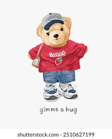 gimme hug slogan with cute bear doll in red sweater vector illustration