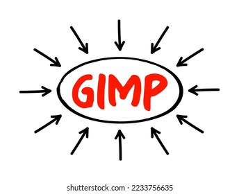 GIMP Gnu Image Manipulation Program - free and open-source raster graphics editor used for image manipulation and image editing, acronym text with arrows