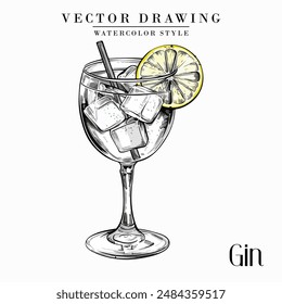 Gin alcoholic cocktail vector vintage watercolor style