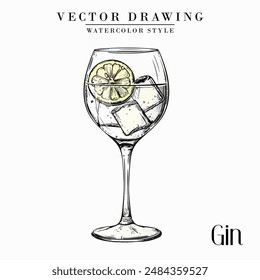 Gin alcoholic cocktail vector vintage watercolor style