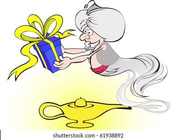 gin with a big blue box in hands and the magic lamp