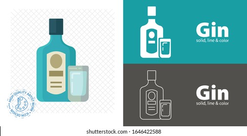 gin bottle with glass flat design. vector illustration.