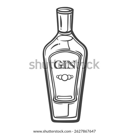 Gin bottle with label and clean lines in doodle outline style. Hand drawn alcohol drink element. Vector illustration for bar decor, menu, or packaging desig