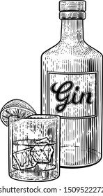 Gin cocktail drink in a glass with ice and lime or lemon accompanied by a bottle in a vintage woodcut etched or engraved style. Possibly a G and T also known as a Gin and Tonic