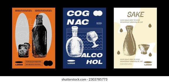 Gin, cognac, sake Alcoholic drink liquor sketch engraving vector illustration. Party poster design. Vintage pencil sketch. Engraving style. Labels, cover, t-shirt print, painting.