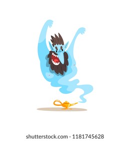 Gin coming out of magic lamp, ancient mythical creature cartoon vector Illustration on a white background