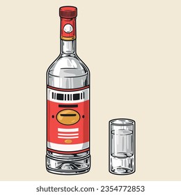 Gin drink colorful detailed sticker with shot glass near bottle and strong alcoholic beverage from grain alcohol vector illustration