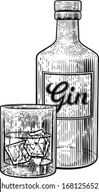 Gin drink in a glass with ice accompanied by a bottle in a vintage woodcut etched or engraved style.