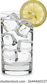 Gin fizz coquetel com cubos de gelo e fatia de limão em um copo de alta bola. Ilustração em aquarela isolada sobre fundo branco. 