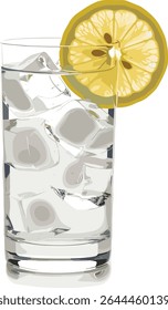 Gin fizz coquetel com cubos de gelo e fatia de limão em um copo de alta bola. Ilustração em aquarela isolada sobre fundo branco. 