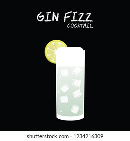 Gin Fizz cocktail illustration vector with lemon wedge on square black background.