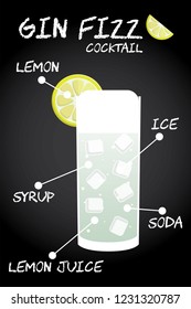 Gin Fizz cocktail recipe illustration vector with lemon wedge.