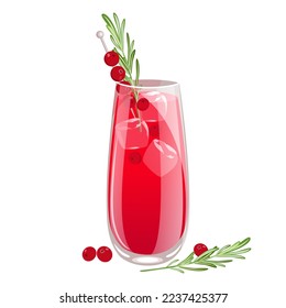 Gin fizz with cranberries.Festive cocktail with rosemary, cranberries, ice cubes.Vector illustration.