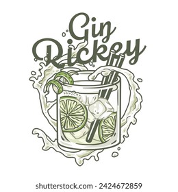 Gin rickey cocktail vector with mint and lime for cocktail bar or drink summer party. Mojito with rum, bourbon for beach bar and cafe menu.