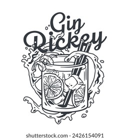 Gin rickey cocktail vector with mint and lime for cocktail bar or drink summer party. Mojito with rum, bourbon for beach bar and cafe menu.